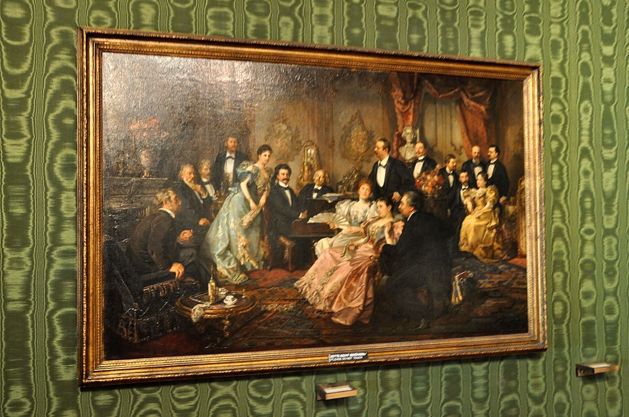  |Ein Abend bei J. Strauss (Franz von Bayros, gemalt 1894), u.a. mit 3. Ehefrau Adele, J. Brahms und Bruder Eduard)